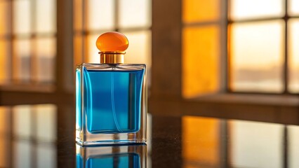 Luxury teal glass Perfume bottle on a blue background, Product mockup presentation