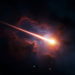 輝く彗星が星雲を通過し、長い尾が光るダイナミックなシーン