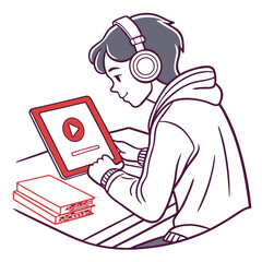 Boy with headphones watching video on tablet while studying isolated on white background