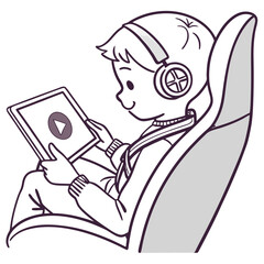 Boy with headphones watching video on tablet while traveling isolated on white background