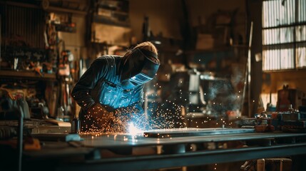 Naklejka premium Industrial Welder Working on Metal Fabrication in Workshop with Protective Gear and Bright Sparks, Skilled Craftsmanship