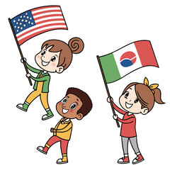 Children are waving flags of the usa and mexico isolated on white background