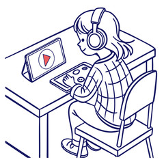 Girl with headphones is watching video on tablet at desk isolated on white background