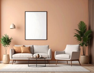 Minimalist living room with light beige walls, sofa, armchair, and plants