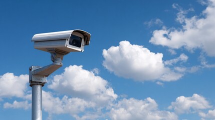 Contemporary security camera installed outdoors with blue sky and white clouds, for safety and surveillance themes.