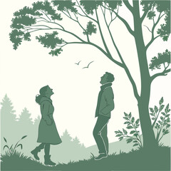 A couple in silhouette looking up at birds flying over a tree in nature