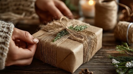 Close-up of Woman's Hands Tying Rustic Christmas Gift with Twine and Evergreen Sprig on a Wooden Table, Festive Holiday Season