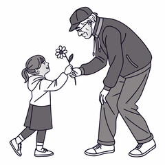A little girl gives a flower to her grandfather isolated on white background