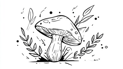 Fototapeta premium Black and white line art illustration of a mushroom surrounded by leaves and dots