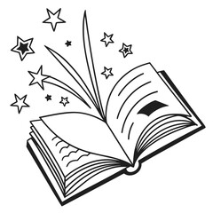 Open book with stars and magical elements isolated on white background