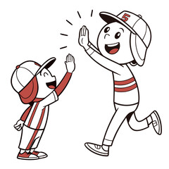 Two baseball players are giving each other a high five isolated on white background