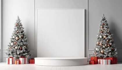 A product display podium surrounded by Christmas trees