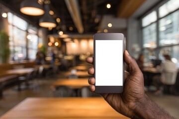 Smartphone held in hand, cafe background