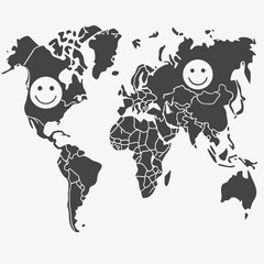 World map with smiling faces, symbolizing global happiness and unity