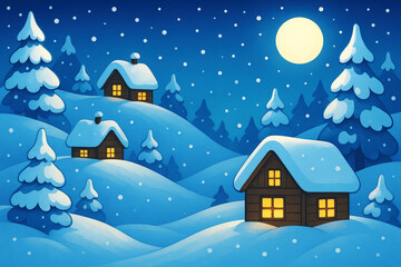 Snow-covered hills with cozy cabins illuminated by warm light under a full moon at night