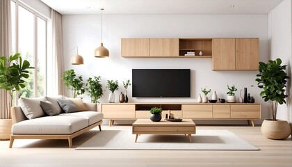 Minimalist living room with light wood furniture, a neutral color palette, and large windows