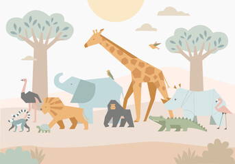 Vector illustration of cute African animals in a flat cartoon style. Includes giraffe, elephant, lion, rhino, crocodile, ostrich, gorilla, lemur, flamingo, turtle, and birds in a tropical savanna