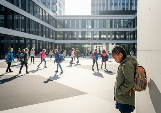 Dzieci bawią się na podw&oacute;rku szkolnym, ciemnosk&oacute;ra dziewczynka stoi z boku, jest wykluczona.