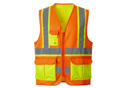 鮮やかな蛍光色の安全ベスト、前面ジッパー、複数のポケット付き