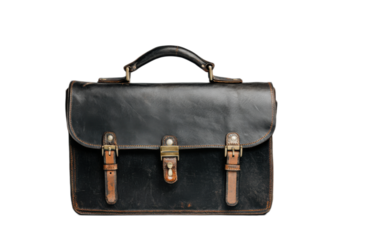 Black leather briefcase isolated on white background, png