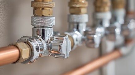 Close-up of Copper Pipes and Chrome Valves: Plumbing System Installation with Brass Fittings for Water Supply, Home Improvement