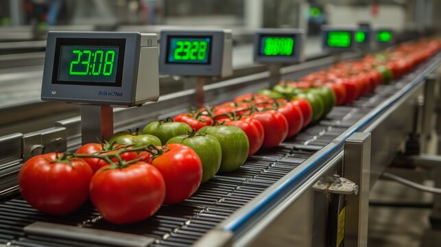 Tomatoes on Conveyor Belt with Digital Scales in Food Processing Plant, Fresh Produce Quality Control and Automated Sorting System