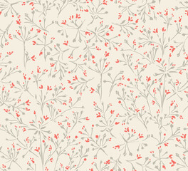 Elegant seamless floral pattern with delicate branches and small blossoms on a light beige background. Tiny florals stems ornament print. Ideal for stationery,  textiles, wallpapers,  wedding designs.