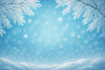 Snowy winter landscape with frosted trees and sparkling snowflakes in a serene blue atmosphere during a clear day