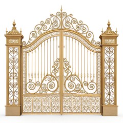 Obraz premium Ornate golden wrought iron gate with intricate designs and decorative pillars. The gate is closed and showcases elegant craftsmanship.