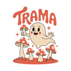 Cute ghost character surrounded by mushrooms and sparkles under Trama text in whimsical style vector illustration design