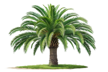 A lush green palm tree with a textured trunk isolated on transparent background