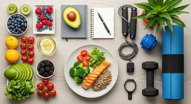 Healthy food exercise equipment and notebook arranged on a neutral surface. - Powered by Adobe