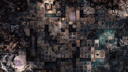 Abstract mosaic pattern of dark, muted colors and textures