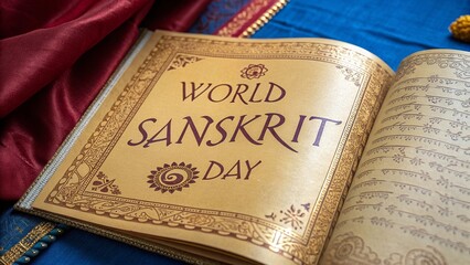 Luminous Golden Sanskrit Manuscript Displayed On Silk With Intricate Detailing.