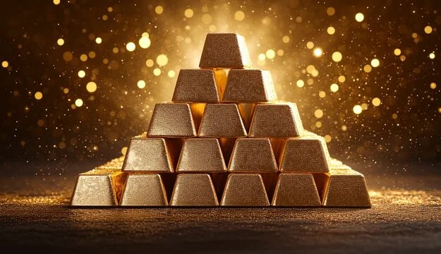 Pyramid of shiny gold bars stacked in perfect formation, textured surface of gold ingots with realistic detail