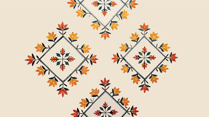 Floral diamond pattern with orange and yellow flowers on a light beige background in a watercolor style