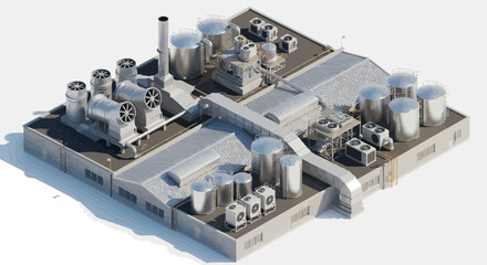 Fototapeta premium Isometric Factory Roof: Top-Down Industrial Ventilation and Tanks