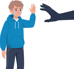 A frightened crying boy in a blue hoodie gestures stop to a menacing shadowy hand.