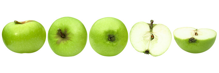 Green apples whole and sliced, with a transparent background. Varieties of green apples: whole and halves.