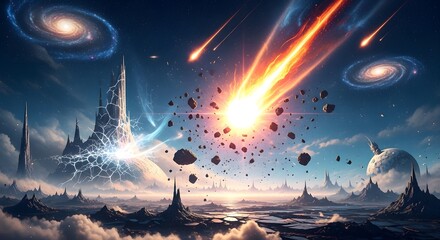 Cosmic Cataclysm Fiery Meteors Blaze Across Alien Skies Above Futuristic Cities and Swirling Galaxies