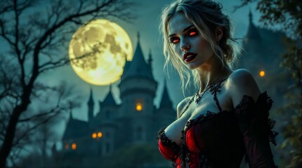 Gothic female vampire in red corset with glowing eyes standing before dark castle under full moon at night, fantasy Halloween cosplay concept.