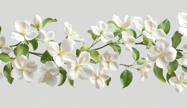 White apple blossoms arranged along the left side of a light gray background, delicate five-petaled flowers with visible yellow stamens and bright green leaves