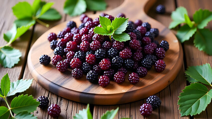 Artistic Layout of Mulberries and Leaves Scattered on Wooden Board &ndash; Food Photography Tone