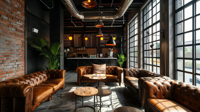 "Industrial-chic coworking lounge with leather sofas and pendant lights