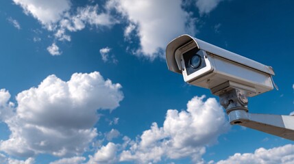 Sleek modern surveillance camera mounted outside, with blue sky and white clouds. For security, monitoring, and safety concepts.