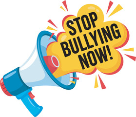 A colorful cartoon megaphone shouting the anti-bullying message Stop Bullying Now in a bold yellow speech bubble.