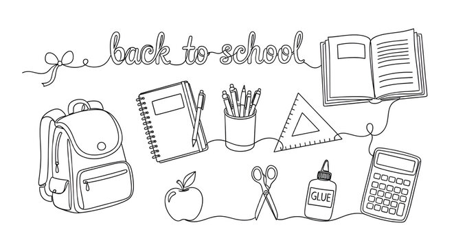 Back to school lettering with backpack, book, and student supplies continuous line art drawing on transparent background. Education concept.