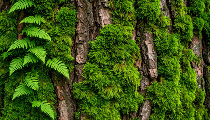 Tree bark texture covered in green moss and small ferns, humid forest environment, rich detail and organic patterns
