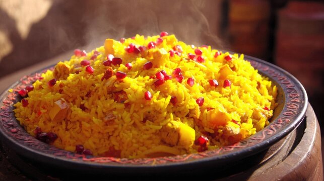 Golden saffron paella with pomegranate seeds on terracotta backdrop, festive Spanish culinary delight.