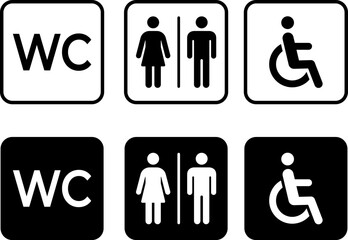 Washroom signs. Restroom or toilet door sign set gents, ladies, disabled, baby changing. WC sign. Female or male restroom. WC door plate symbol. Printable sticker. Vector illustration.